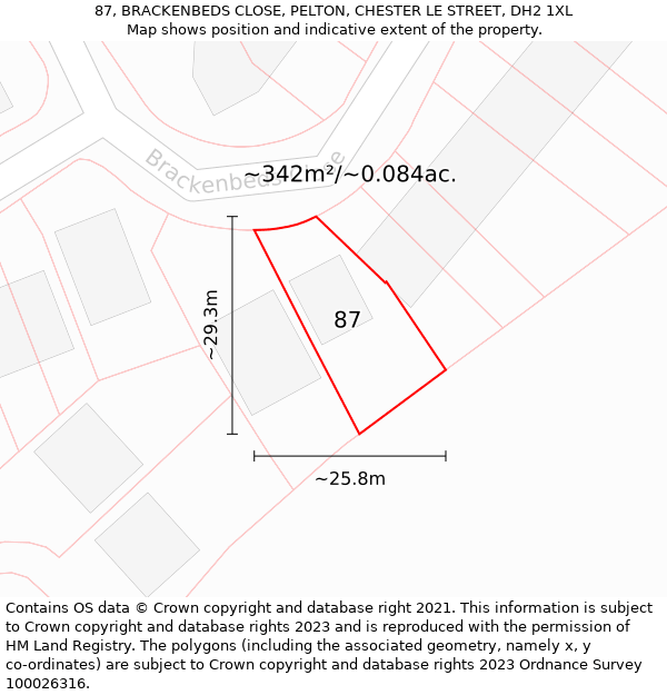 87, BRACKENBEDS CLOSE, PELTON, CHESTER LE STREET, DH2 1XL: Plot and title map