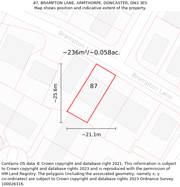 87, BRAMPTON LANE, ARMTHORPE, DONCASTER, DN3 3ES: Plot and title map