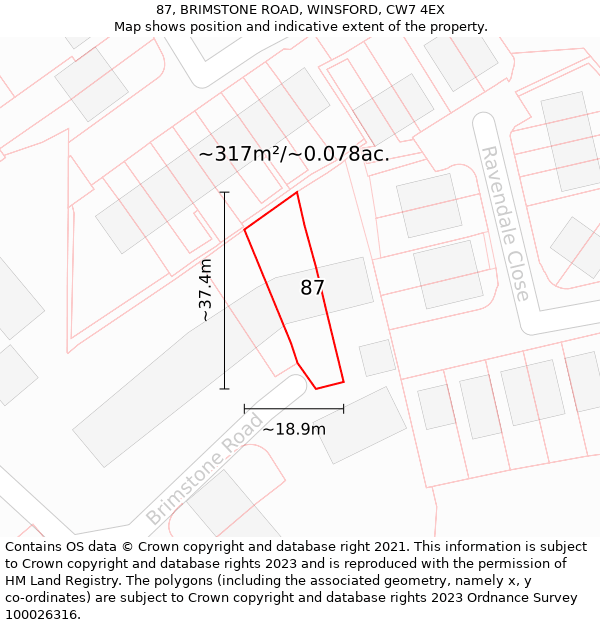 87, BRIMSTONE ROAD, WINSFORD, CW7 4EX: Plot and title map