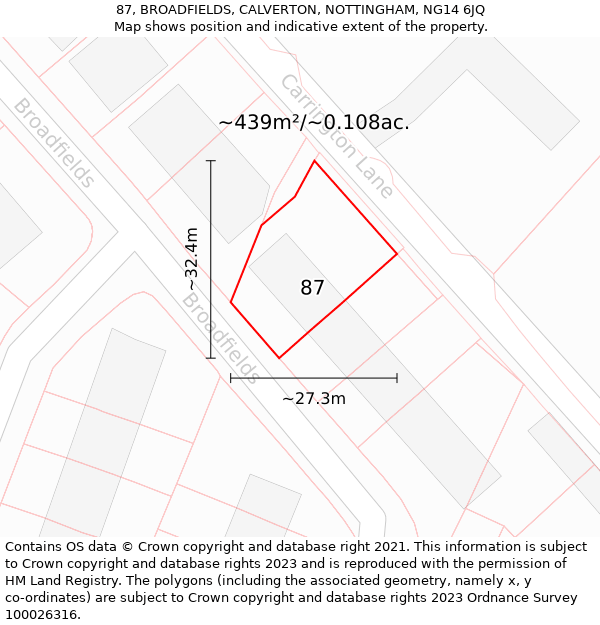 87, BROADFIELDS, CALVERTON, NOTTINGHAM, NG14 6JQ: Plot and title map