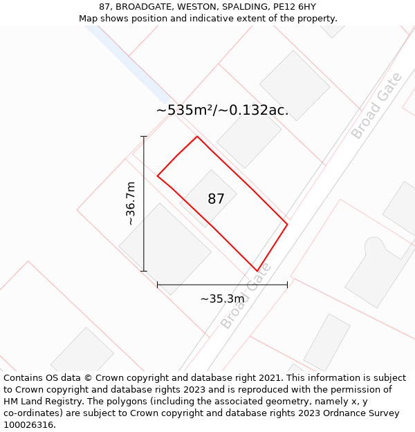 87, BROADGATE, WESTON, SPALDING, PE12 6HY: Plot and title map