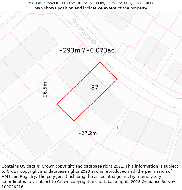 87, BRODSWORTH WAY, ROSSINGTON, DONCASTER, DN11 0FD: Plot and title map