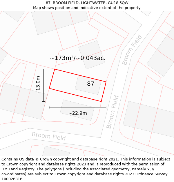 87, BROOM FIELD, LIGHTWATER, GU18 5QW: Plot and title map