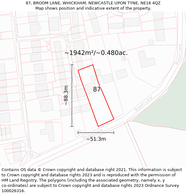 87, BROOM LANE, WHICKHAM, NEWCASTLE UPON TYNE, NE16 4QZ: Plot and title map