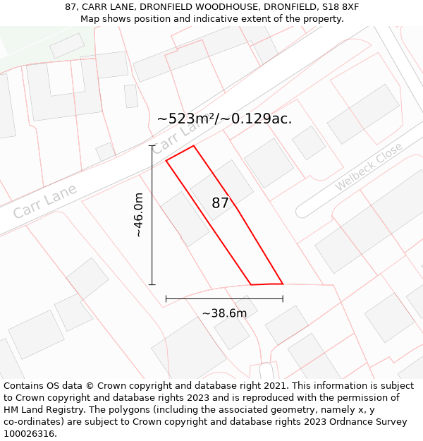 87, CARR LANE, DRONFIELD WOODHOUSE, DRONFIELD, S18 8XF: Plot and title map