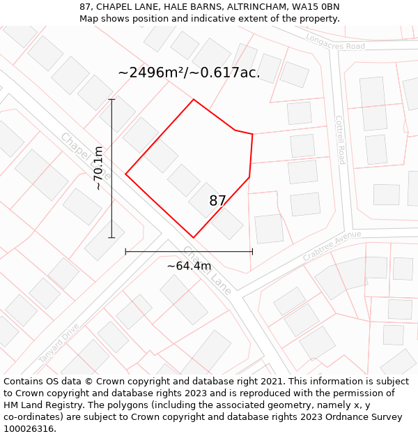 87, CHAPEL LANE, HALE BARNS, ALTRINCHAM, WA15 0BN: Plot and title map