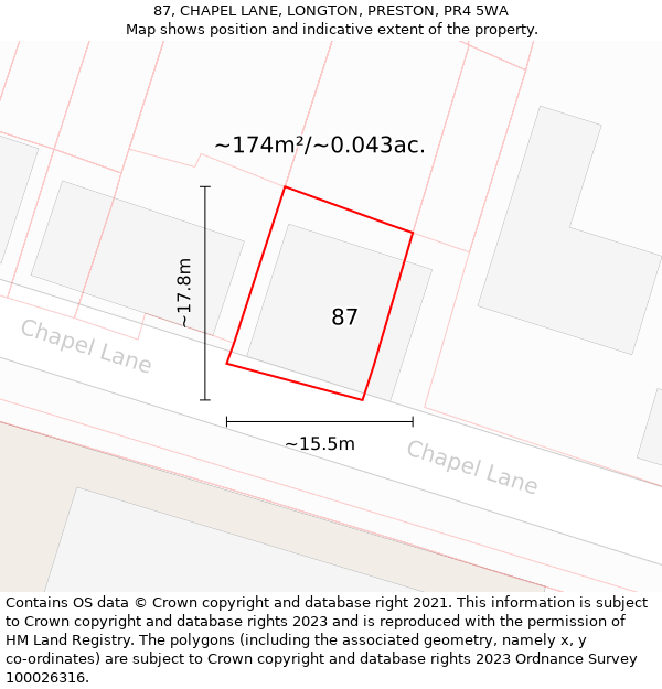 87, CHAPEL LANE, LONGTON, PRESTON, PR4 5WA: Plot and title map