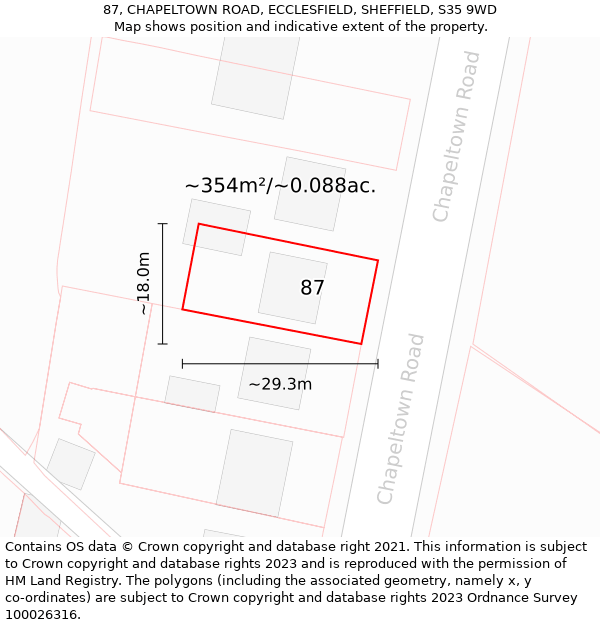 87, CHAPELTOWN ROAD, ECCLESFIELD, SHEFFIELD, S35 9WD: Plot and title map