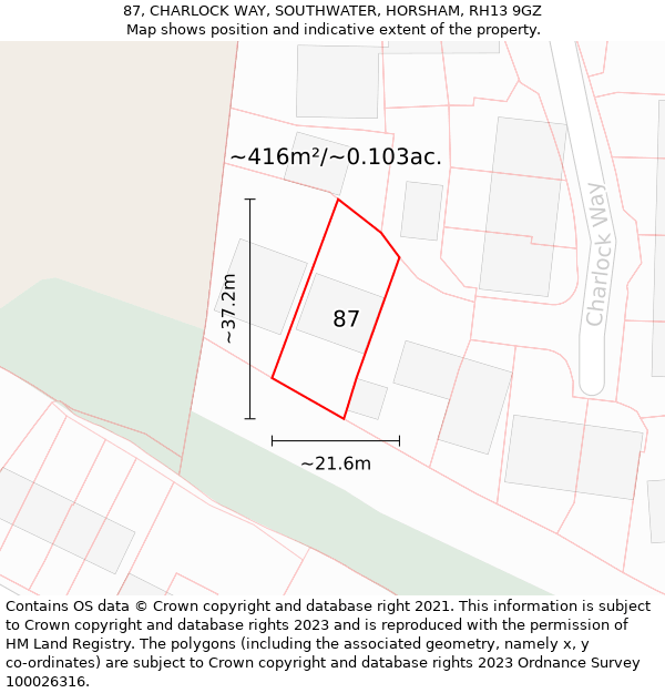 87, CHARLOCK WAY, SOUTHWATER, HORSHAM, RH13 9GZ: Plot and title map