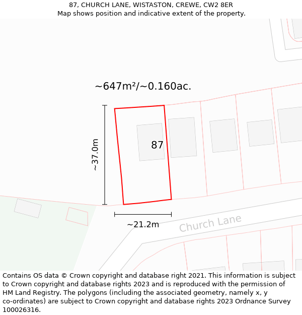 87, CHURCH LANE, WISTASTON, CREWE, CW2 8ER: Plot and title map