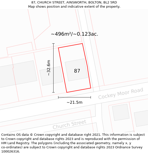 87, CHURCH STREET, AINSWORTH, BOLTON, BL2 5RD: Plot and title map