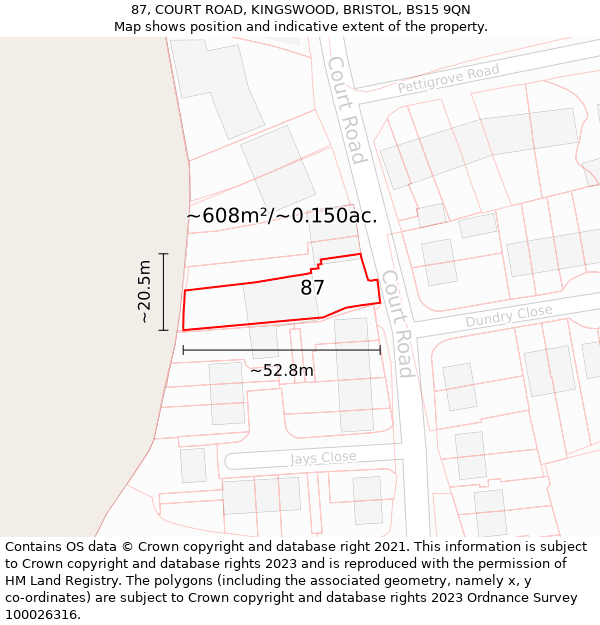 87, COURT ROAD, KINGSWOOD, BRISTOL, BS15 9QN: Plot and title map