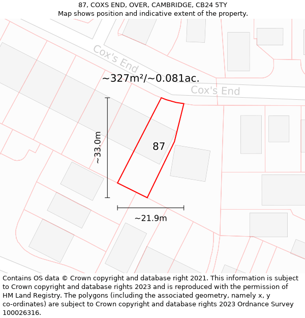 87, COXS END, OVER, CAMBRIDGE, CB24 5TY: Plot and title map