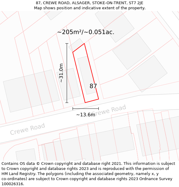 87, CREWE ROAD, ALSAGER, STOKE-ON-TRENT, ST7 2JE: Plot and title map