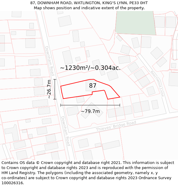 87, DOWNHAM ROAD, WATLINGTON, KING'S LYNN, PE33 0HT: Plot and title map