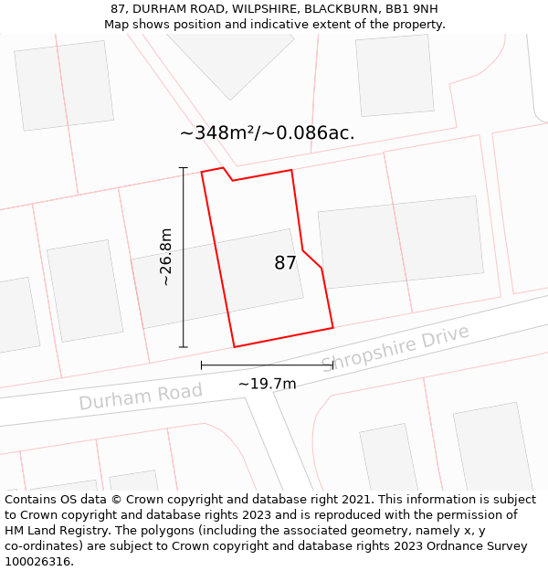 87, DURHAM ROAD, WILPSHIRE, BLACKBURN, BB1 9NH: Plot and title map