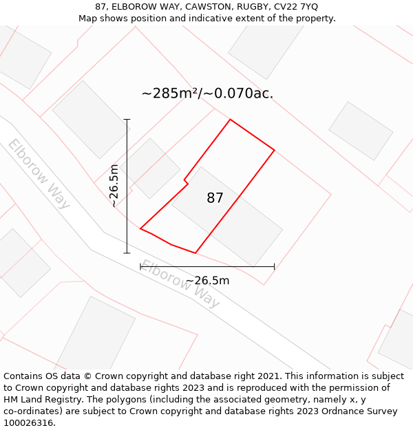 87, ELBOROW WAY, CAWSTON, RUGBY, CV22 7YQ: Plot and title map