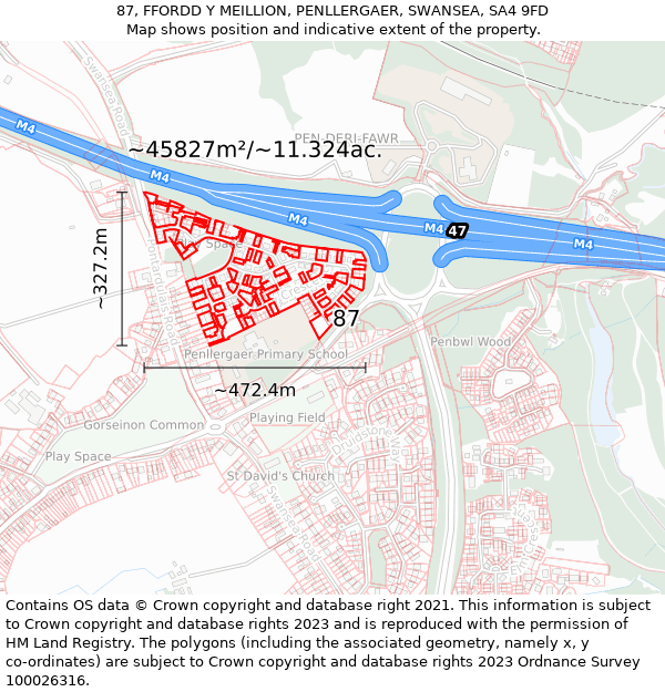 87, FFORDD Y MEILLION, PENLLERGAER, SWANSEA, SA4 9FD: Plot and title map