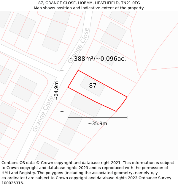 87, GRANGE CLOSE, HORAM, HEATHFIELD, TN21 0EG: Plot and title map