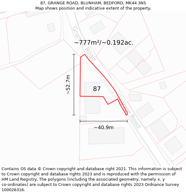 87, GRANGE ROAD, BLUNHAM, BEDFORD, MK44 3NS: Plot and title map