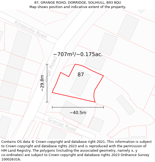 87, GRANGE ROAD, DORRIDGE, SOLIHULL, B93 8QU: Plot and title map