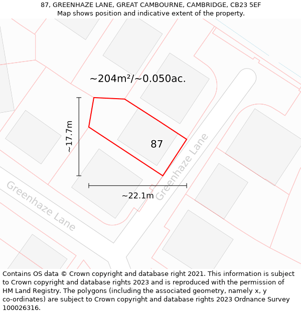 87, GREENHAZE LANE, GREAT CAMBOURNE, CAMBRIDGE, CB23 5EF: Plot and title map