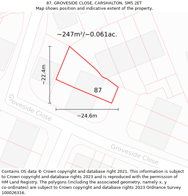 87, GROVESIDE CLOSE, CARSHALTON, SM5 2ET: Plot and title map