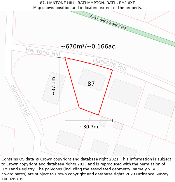 87, HANTONE HILL, BATHAMPTON, BATH, BA2 6XE: Plot and title map