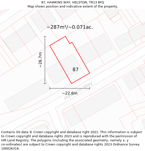 87, HAWKINS WAY, HELSTON, TR13 8FQ: Plot and title map