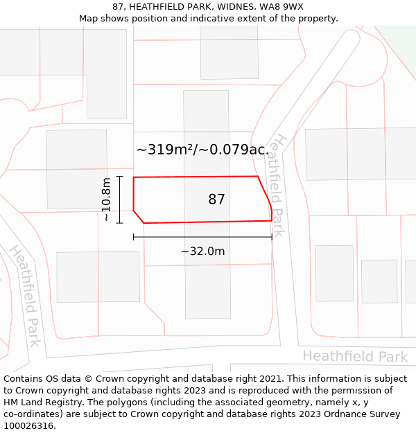 87, HEATHFIELD PARK, WIDNES, WA8 9WX: Plot and title map