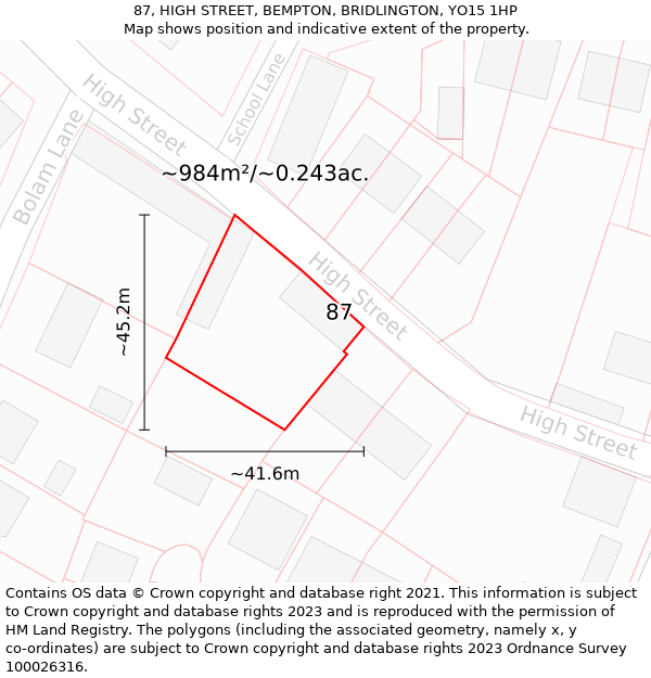 87, HIGH STREET, BEMPTON, BRIDLINGTON, YO15 1HP: Plot and title map