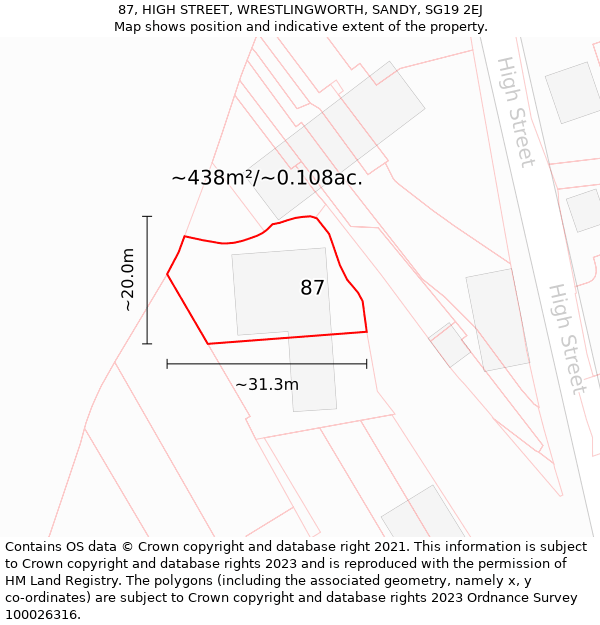 87, HIGH STREET, WRESTLINGWORTH, SANDY, SG19 2EJ: Plot and title map