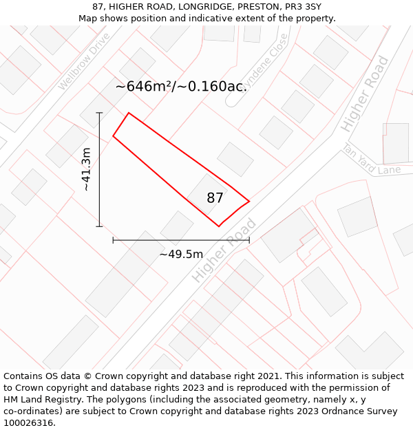 87, HIGHER ROAD, LONGRIDGE, PRESTON, PR3 3SY: Plot and title map