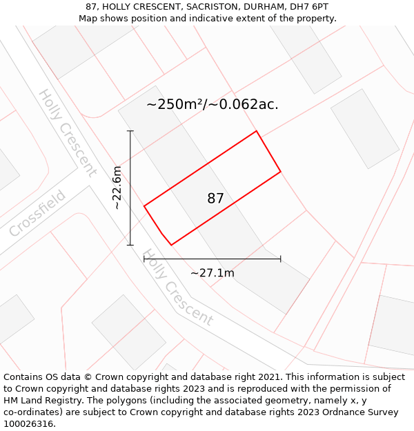 87, HOLLY CRESCENT, SACRISTON, DURHAM, DH7 6PT: Plot and title map