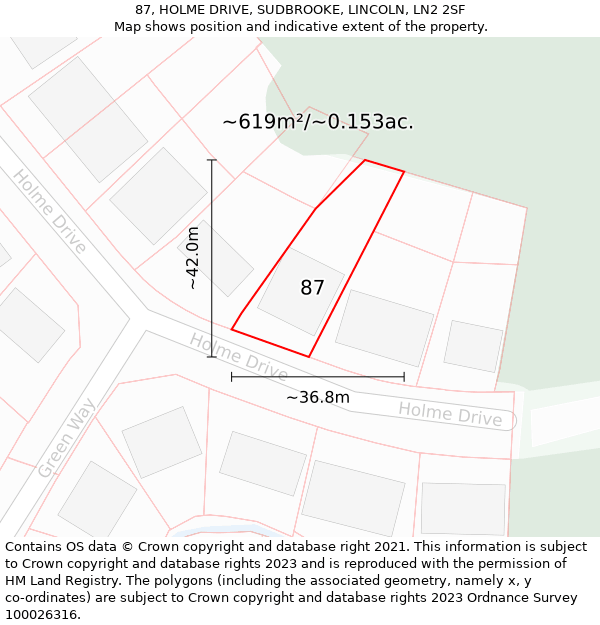 87, HOLME DRIVE, SUDBROOKE, LINCOLN, LN2 2SF: Plot and title map