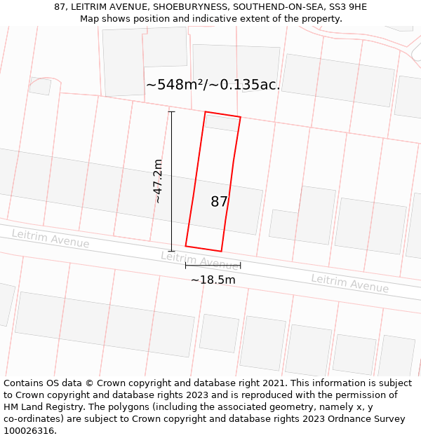 87, LEITRIM AVENUE, SHOEBURYNESS, SOUTHEND-ON-SEA, SS3 9HE: Plot and title map