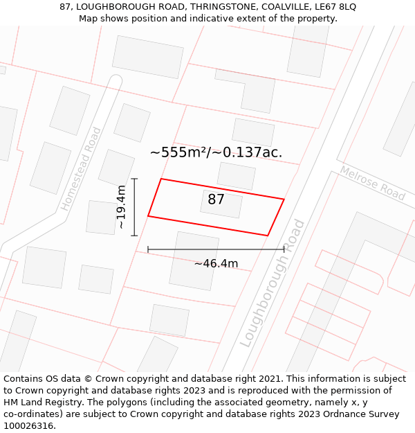 87, LOUGHBOROUGH ROAD, THRINGSTONE, COALVILLE, LE67 8LQ: Plot and title map