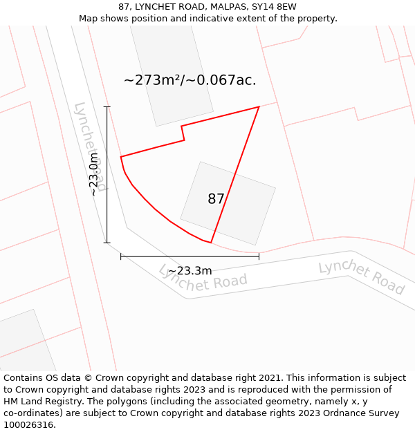 87, LYNCHET ROAD, MALPAS, SY14 8EW: Plot and title map