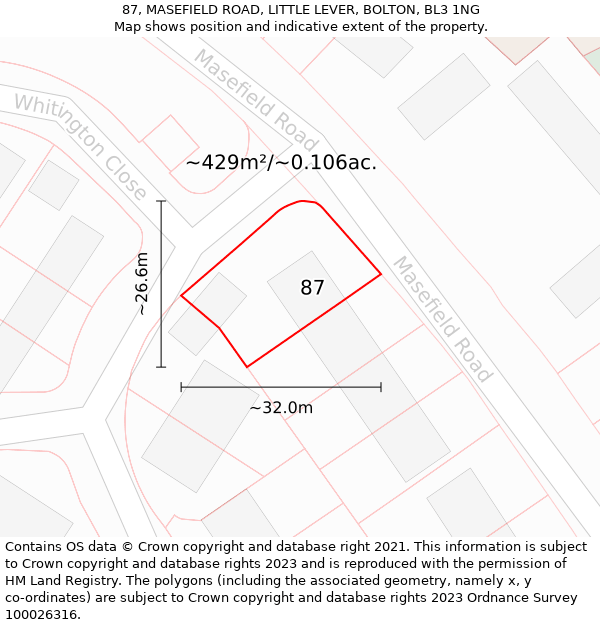 87, MASEFIELD ROAD, LITTLE LEVER, BOLTON, BL3 1NG: Plot and title map