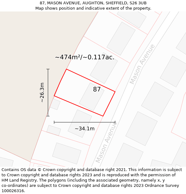 87, MASON AVENUE, AUGHTON, SHEFFIELD, S26 3UB: Plot and title map