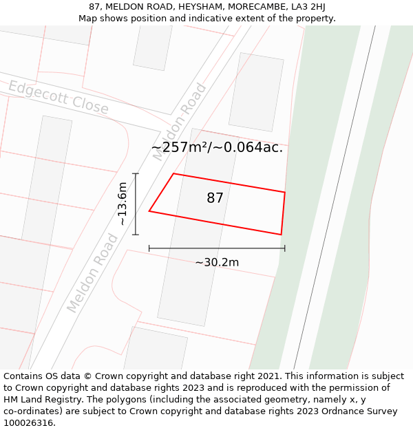 87, MELDON ROAD, HEYSHAM, MORECAMBE, LA3 2HJ: Plot and title map