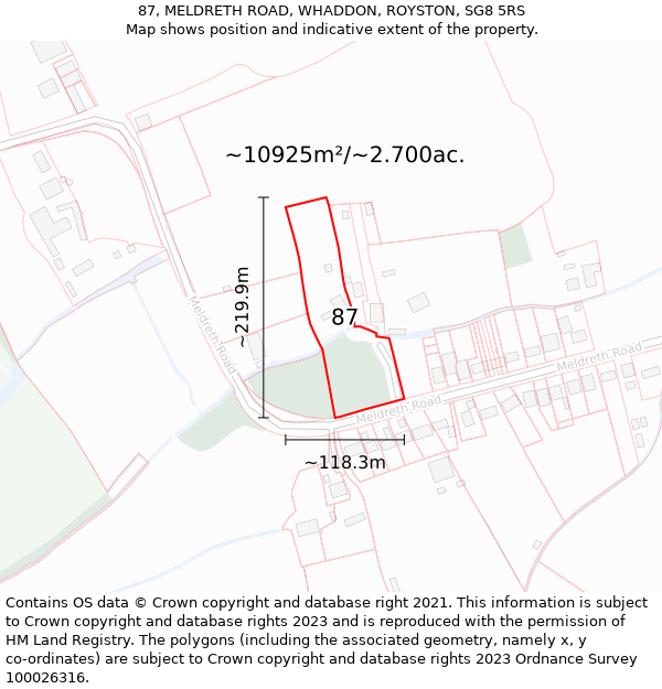 87, MELDRETH ROAD, WHADDON, ROYSTON, SG8 5RS: Plot and title map