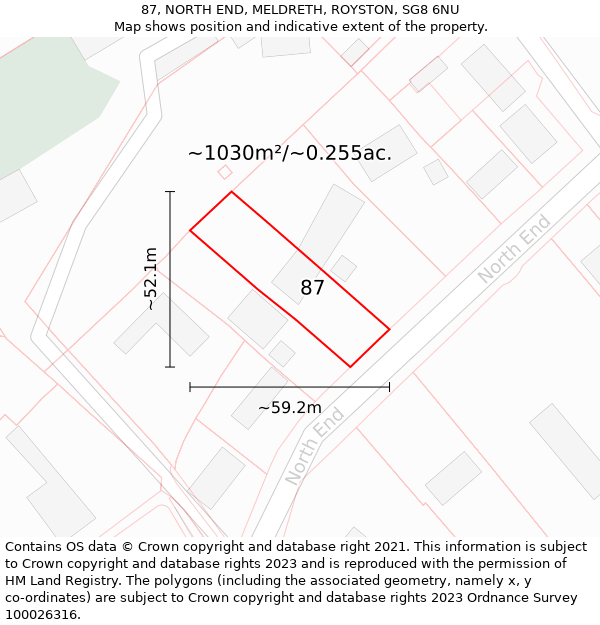 87, NORTH END, MELDRETH, ROYSTON, SG8 6NU: Plot and title map