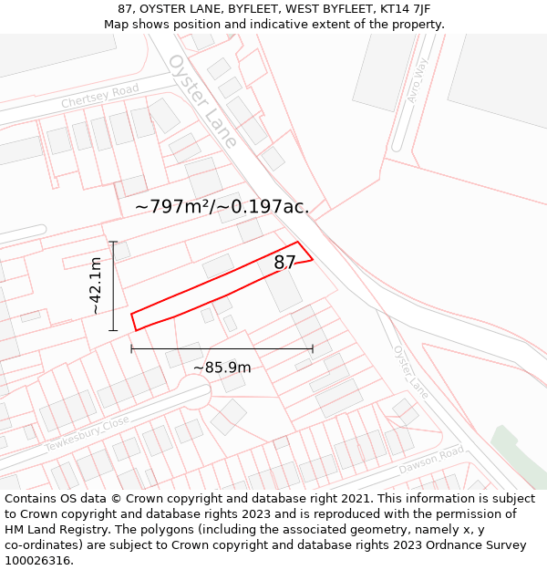 87, OYSTER LANE, BYFLEET, WEST BYFLEET, KT14 7JF: Plot and title map