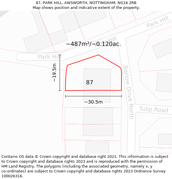 87, PARK HILL, AWSWORTH, NOTTINGHAM, NG16 2RB: Plot and title map