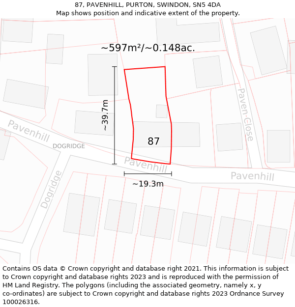 87, PAVENHILL, PURTON, SWINDON, SN5 4DA: Plot and title map