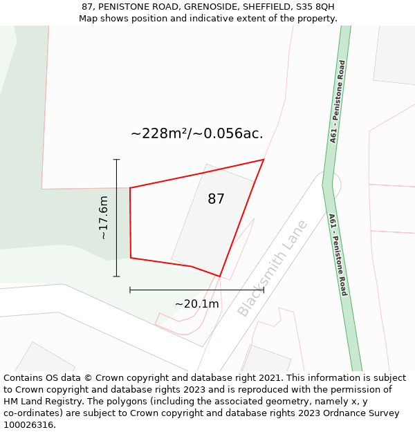 87, PENISTONE ROAD, GRENOSIDE, SHEFFIELD, S35 8QH: Plot and title map