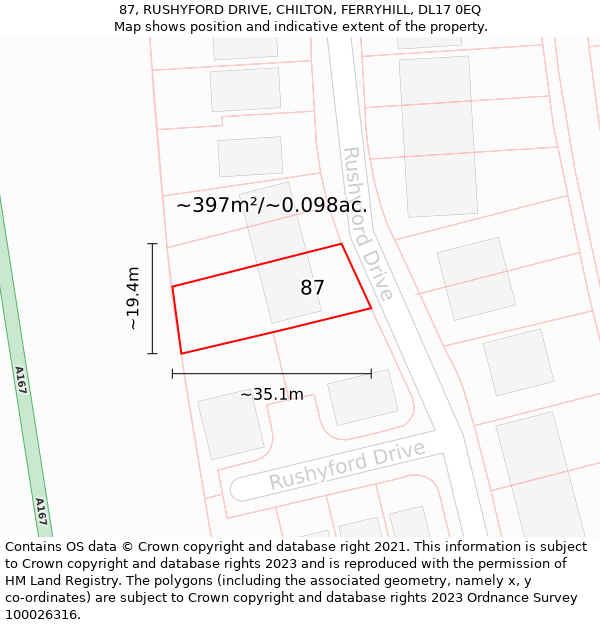 87, RUSHYFORD DRIVE, CHILTON, FERRYHILL, DL17 0EQ: Plot and title map