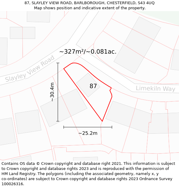 87, SLAYLEY VIEW ROAD, BARLBOROUGH, CHESTERFIELD, S43 4UQ: Plot and title map