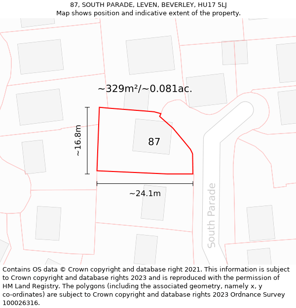 87, SOUTH PARADE, LEVEN, BEVERLEY, HU17 5LJ: Plot and title map